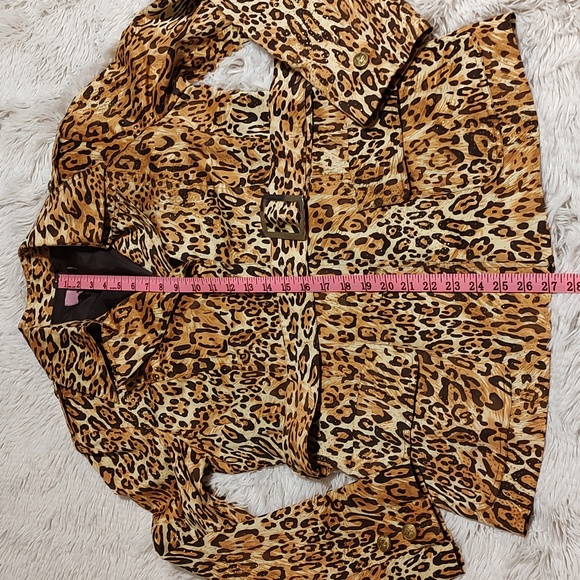 JL New York Sparkly Belted Trench Coat Gold Brown Cream Leopard Print Size Med - Picture 13 of 15